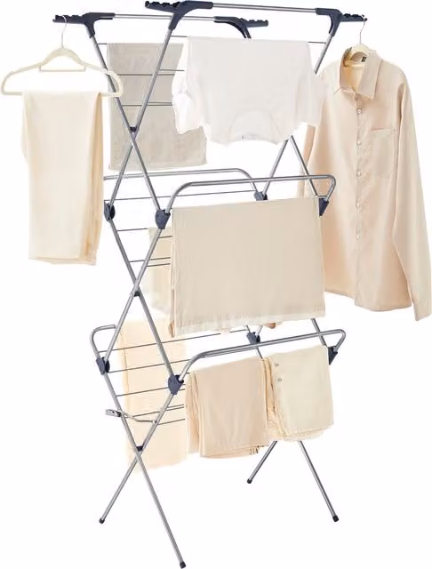 SONGMICS Foldable Metal Clothes Airer with Hooks, Grey