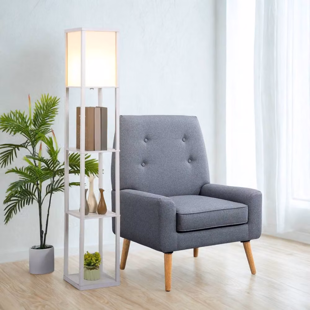 FURNOS Modern Dimmable Floor Lamp with 3 Wood Shelves in White – 2