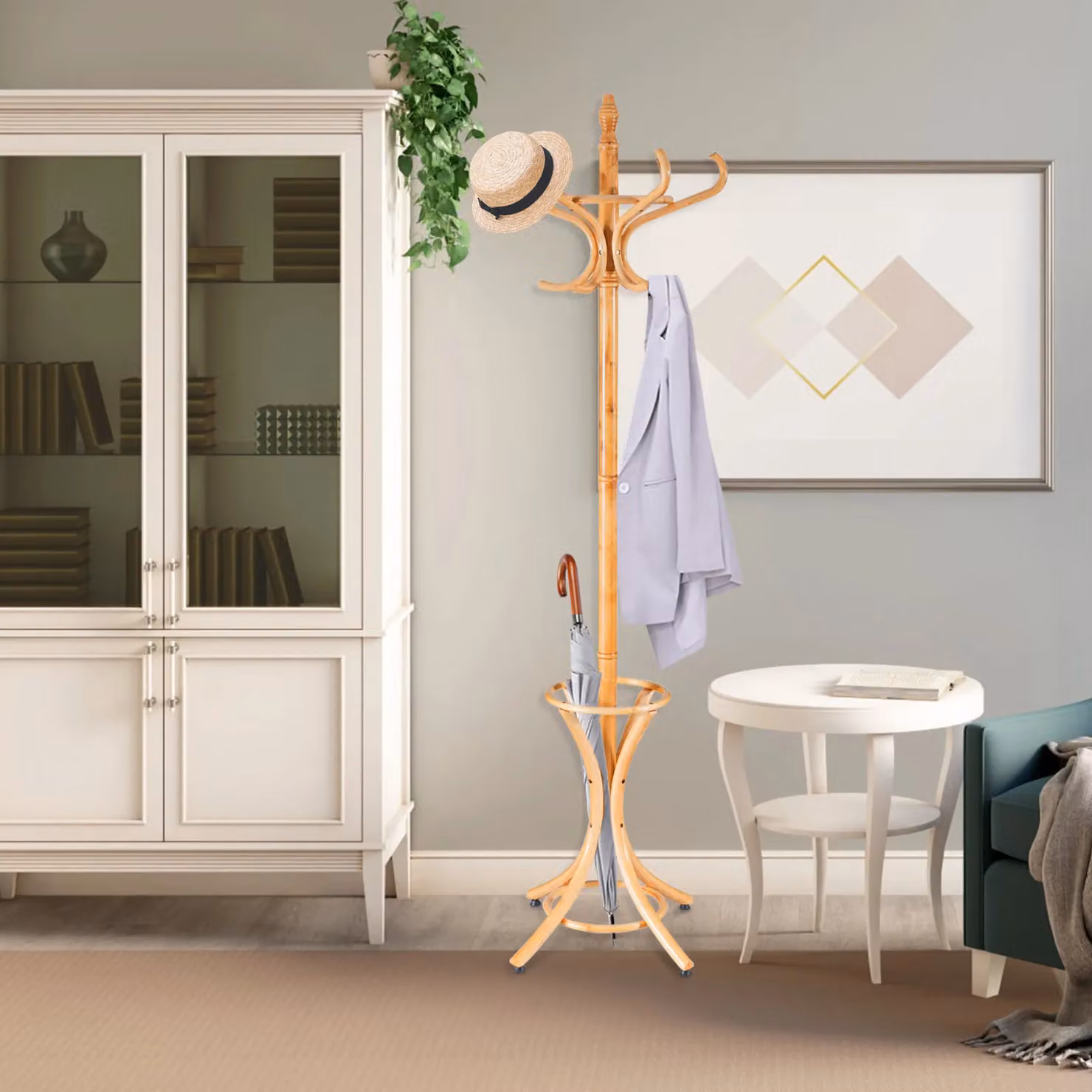 Costway Scandinavian Solid Wood Floor Standing Coat and Jacket Stand with Umbrella Rack in Natural Birch – 2