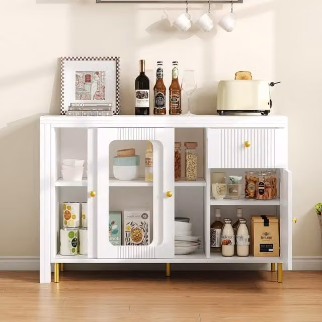 Aosom UK Multifunctional Bar Cabinet with Rotating Extendable Tabletop and Sliding Doors, White and Gold, W: 122 cm, D: 40 cm, H: 82 cm