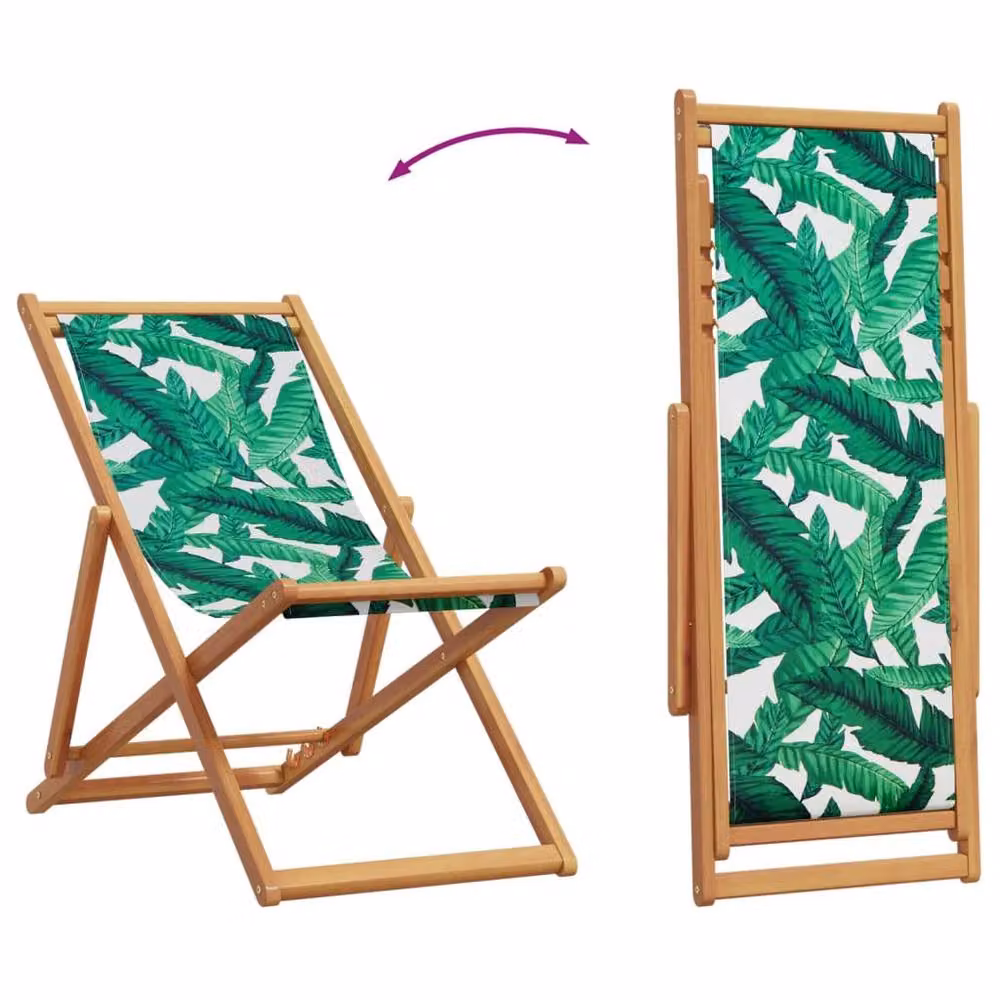 Berkfield Home Beautiful Set of 2 Folding Beach Chairs in Green with Leaf Pattern Fabric and Treated Hardwood – 4