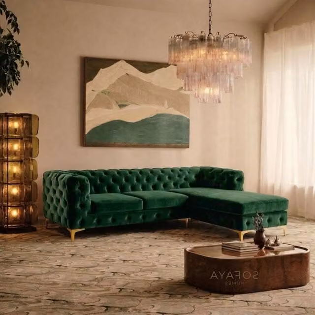 Sofaya Monaco Chesterfield 3 Seater L-Shaped Sofa in Green Velvet with Right Hand Chaise – 1
