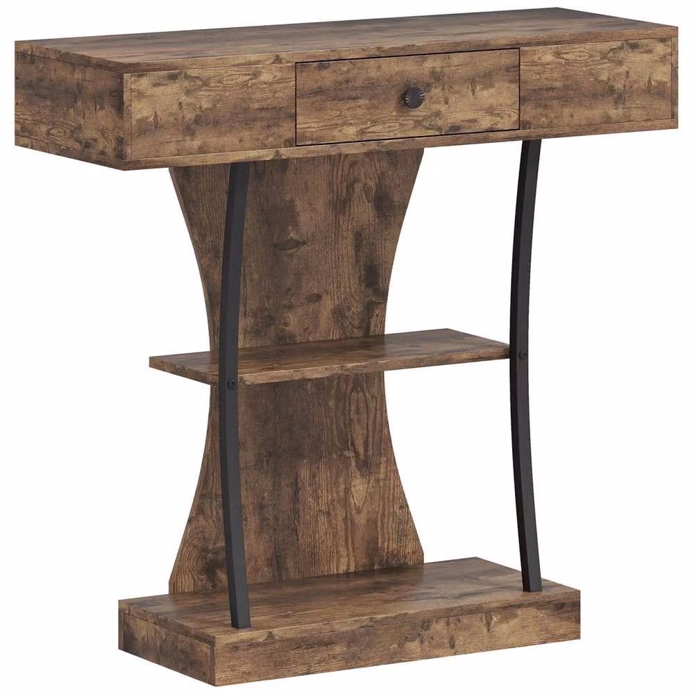 Wyld Haus Rasana 3 Tier Industrial Console Table in Brown and Black with Drawer and Shelves – 3