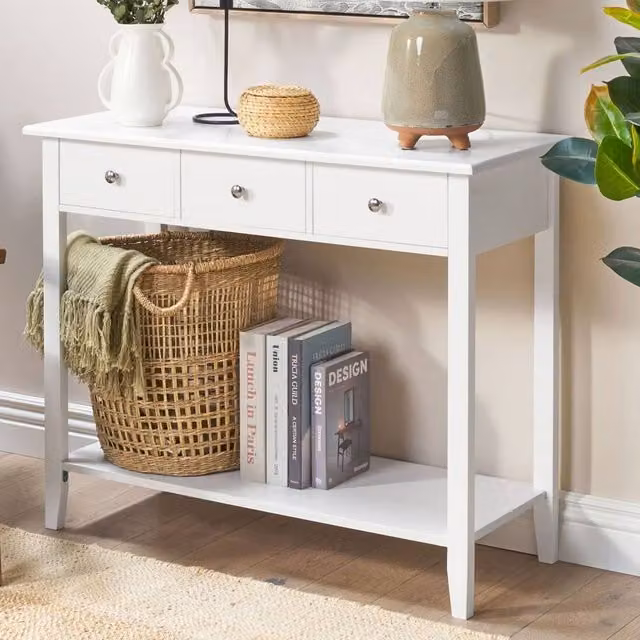 Wyld and Coco White Scandinavian Console Table with 3 Drawers W/D/H: 90 x 40 x 75 cm