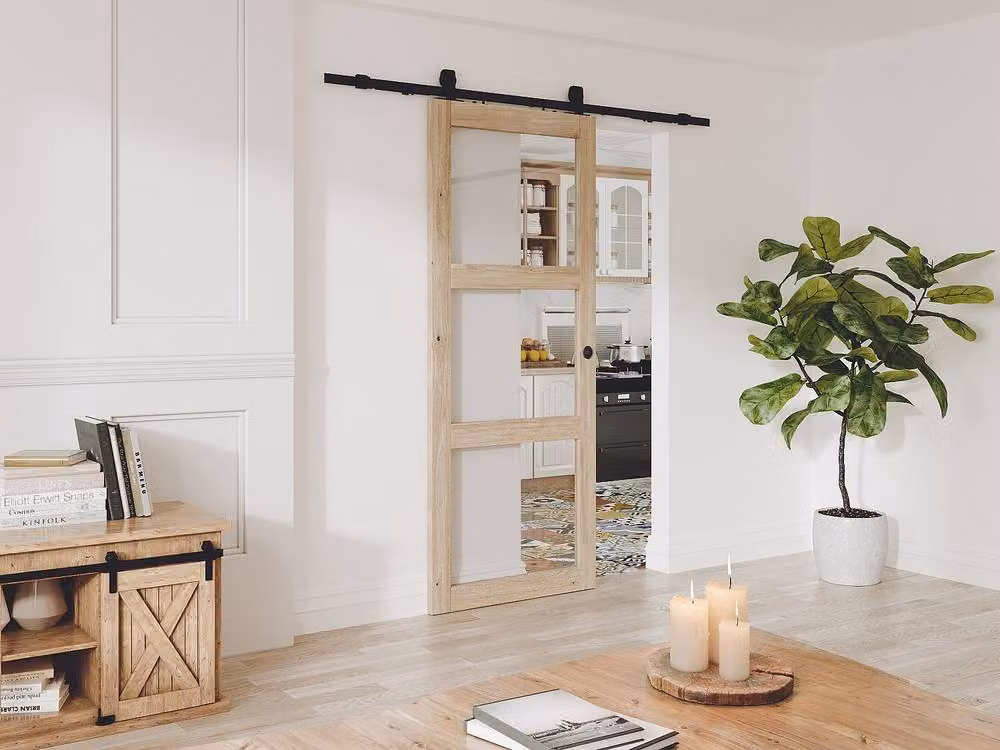 Vente-unique Modern Sliding Door with Surface-Mounted System in Wood and Tempered Glass, Light Oak and Black, H: 205 cm, W: 93 cm – 2