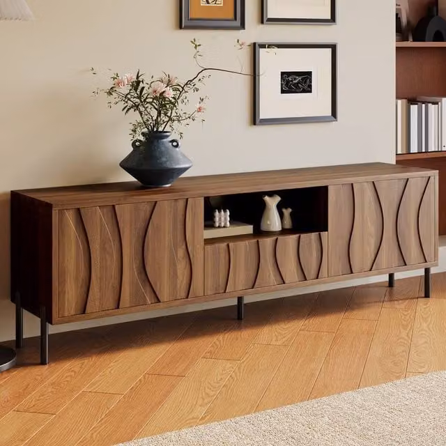 Merax Modern Wave Front TV Unit in Walnut with Three Doors and Iron Legs, W: 160 cm, D: 35 cm, H: 46 cm