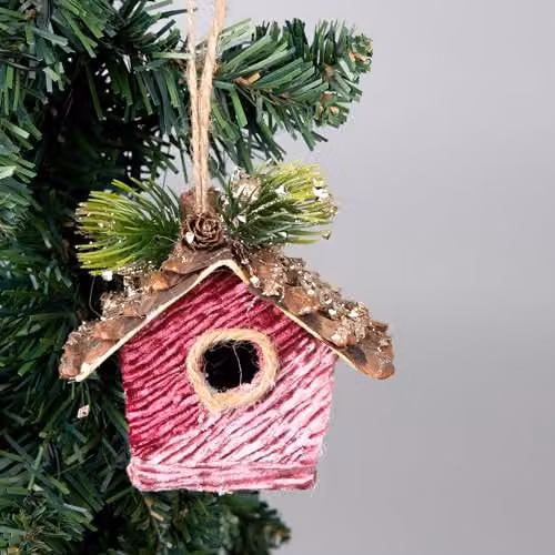 SHATCHI 3-Piece Pink and Gold Birdhouse Christmas Tree Hanging Decorations, W/D/H: 10 x 10 x 11 cm – 3