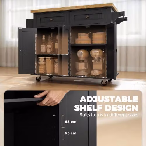 HOMCOM Black Kitchen Island on Wheels with Rubberwood Top and Spice Rack, W/D/H: 82.5 x 44.5 x 111 cm – 4