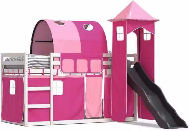 Berkfield Home Pink Solid Wood Childrens Bunk Bed with Slide and Curtains W/D/H: 90 x 200 cm – 1