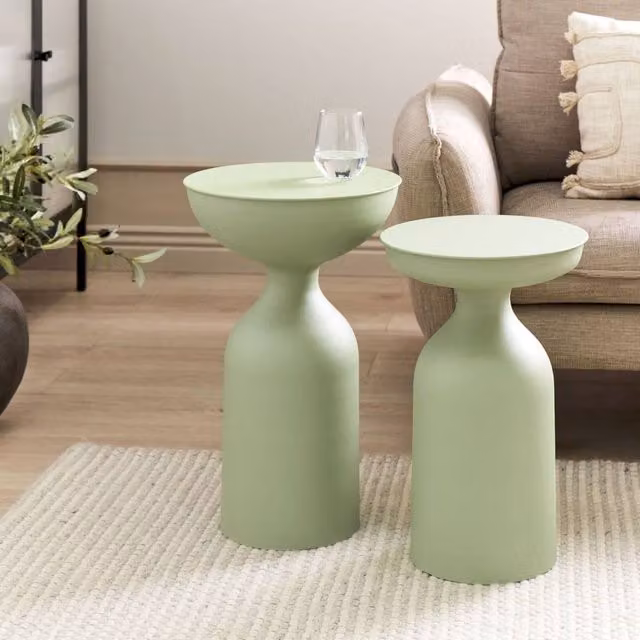 Wyld and Coco Set of 2 Matt Green Metal Round-Top Side Tables