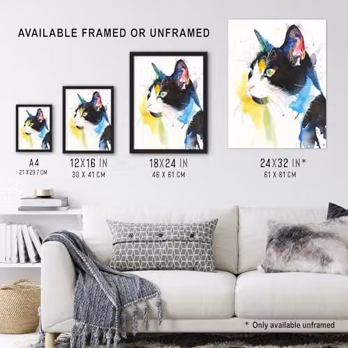 Artery8 Tuxedo Black and White Cat Watercolour Framed Wall Art Print, W: 29.7 cm, H: 32.3 cm – 3