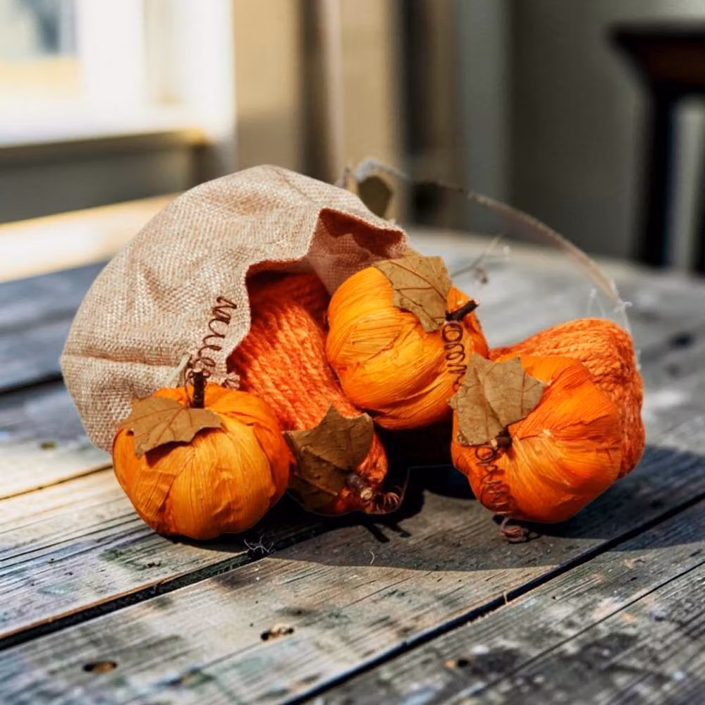 Four Candle Bag of Six Orange Paper Pumpkin Decorations for Halloween and Autumn Tabletop Decor – 2