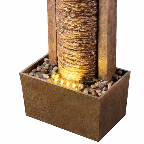 Teamson Home Brown Outdoor Water Feature Tall Cascade Waterfall Fountain with Warm LED Lights and Layered Rock Design – 6