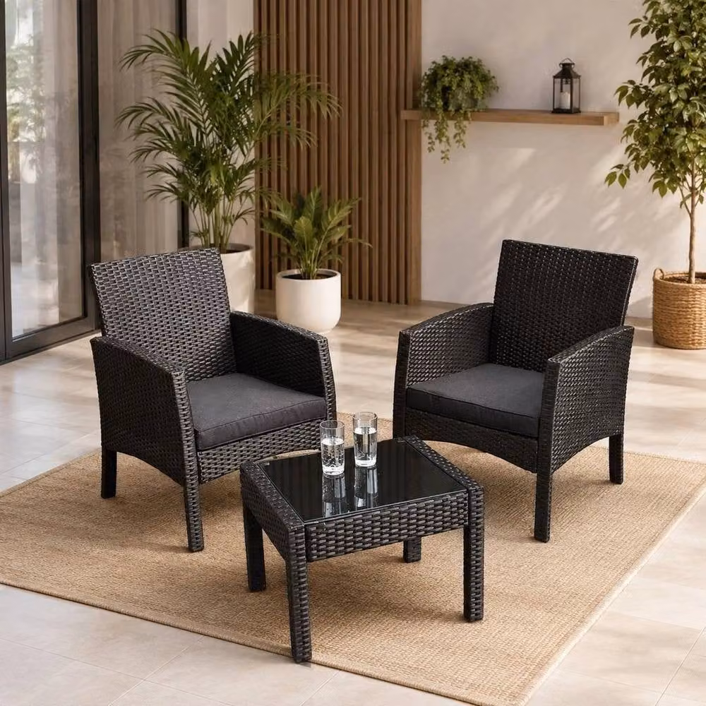 Kelvenix Rattan Bistro Set with 2 Chairs and Glass Top Table in Black – 3