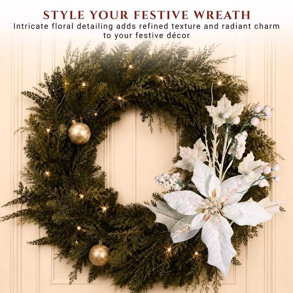 Shatchi 12 Pack Iridescent White Glitter Poinsettia and Berry Christmas Picks, Height: 46 cm – 5
