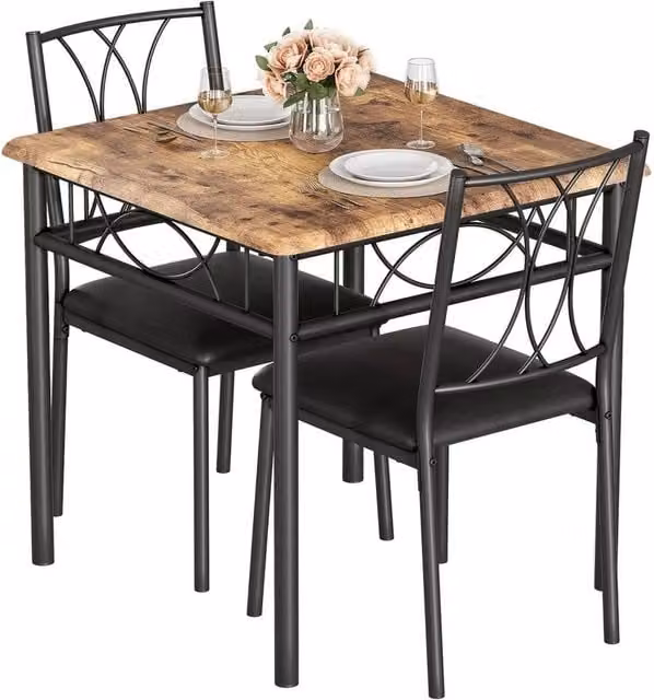 VOGREX 3 Piece Industrial Dining Set with Square Metal Table and 2 Chairs in Brown – 1