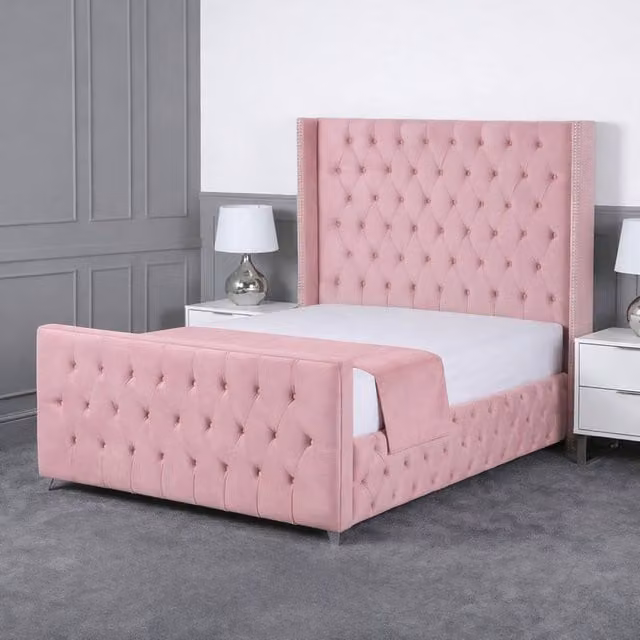 Living Comfort Bedz Executive Luxe Upholstered Velvet Gas Lift Storage Bed with 48 Inch Headboard in Pink, W/D/H: 140 x 200 cm