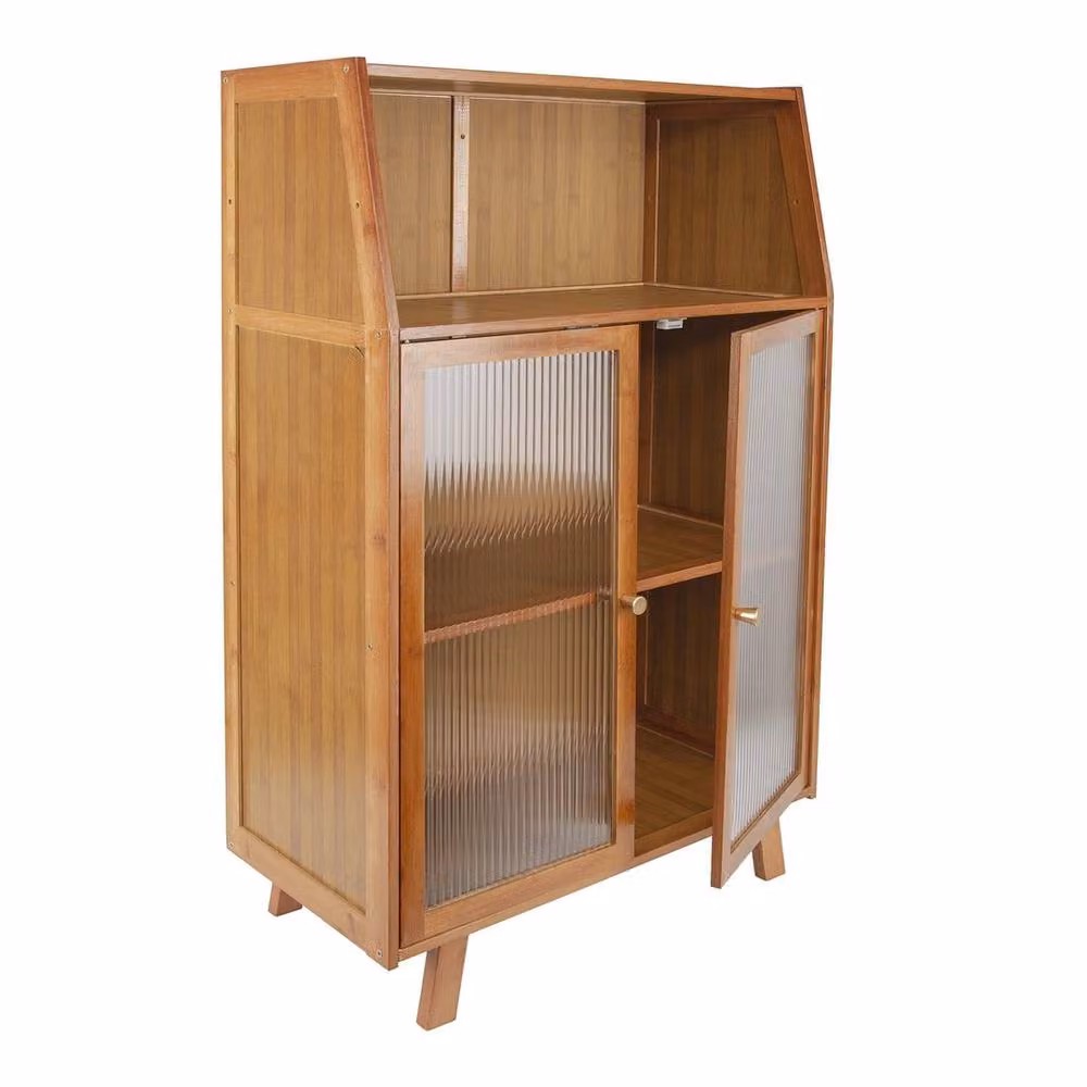 NESTLUNE Bamboo Kitchen Cabinet Pantry Storage Organizer in Brown with Glass Doors – 3