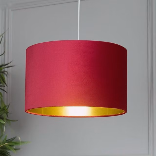 Lighting Collection Burgundy Velvet Drum Lamp Shade with Gold Inner Lining, W: 38 cm, H: 24 cm – 1