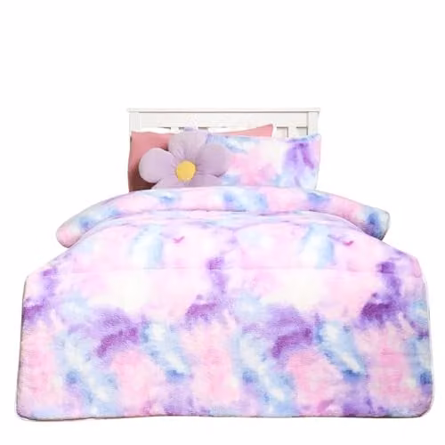 OHS Tie Dye Teddy Fleece 10.5 Tog Coverless Single Duvet and Pillowcase Set, Multicolour Purple, W/D/H: 135 x 200 cm