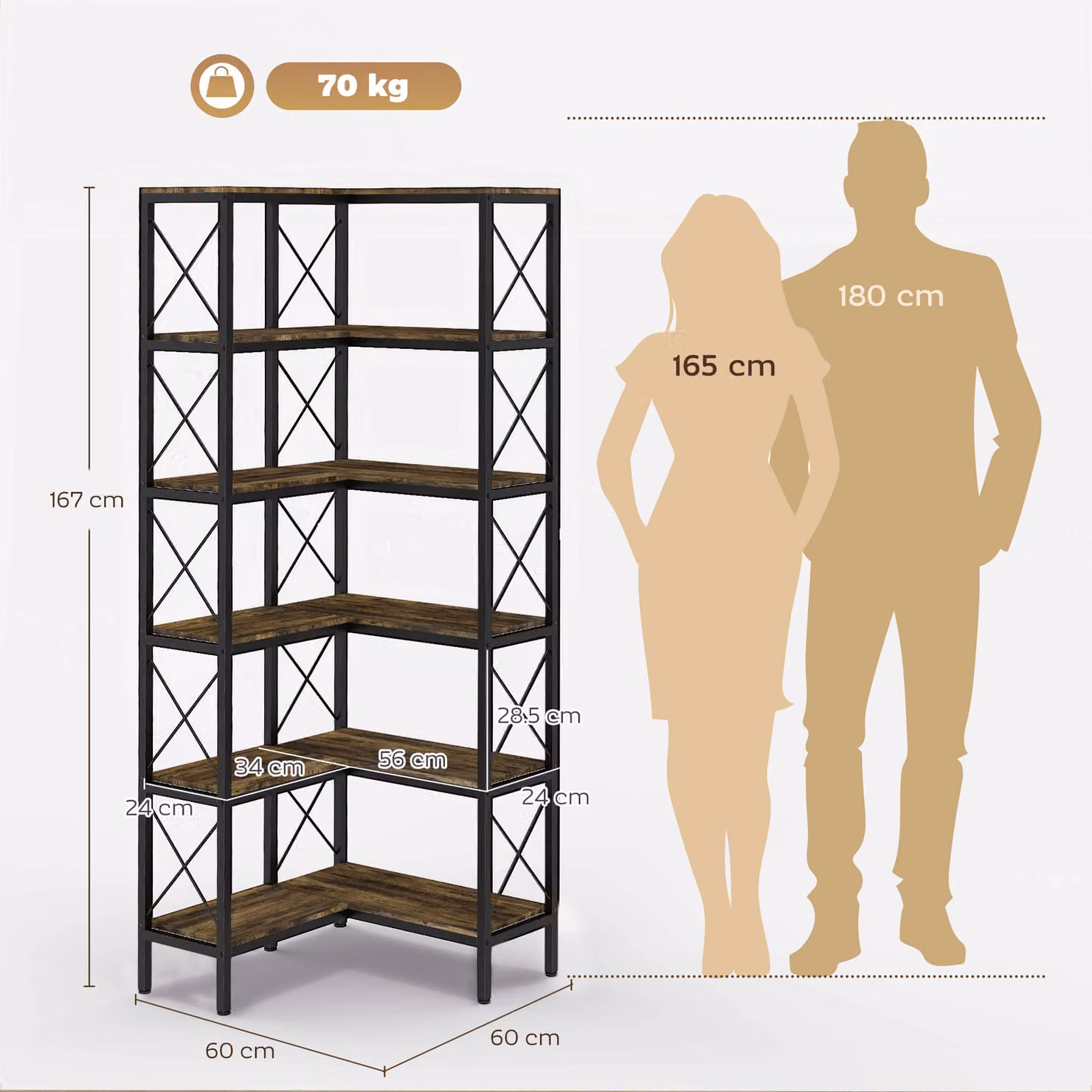 HOMCOM 5-Tier L-Shaped Corner Bookshelf with Industrial Metal Frame, Rustic Brown – 3