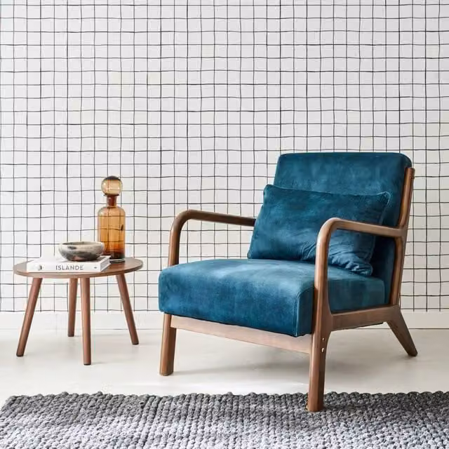 sweeek Scandi-style Velvet Armchair in Beige with Light Walnut-stained Hevea Wood Frame