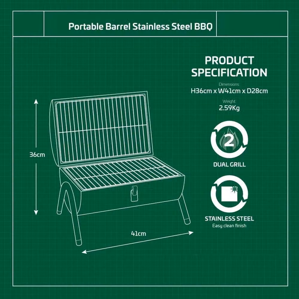 VOGREX Portable Stainless Steel Barrel BBQ in Metallic Silver, Tabletop Charcoal Grill, W/D/H: 41.0 x 36.0 x 28.0 cm – 2