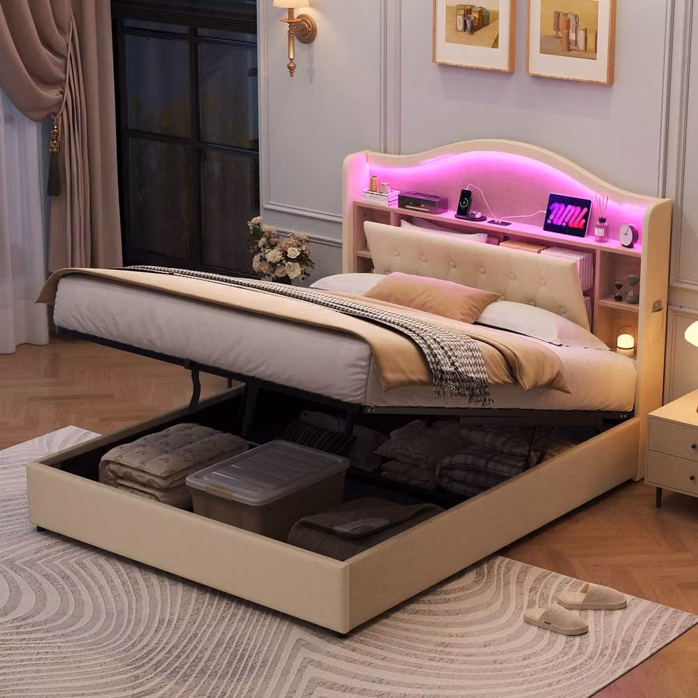Rolipo Double Upholstered Ottoman Bed Frame with LED Lighting and USB Charging Port, Beige – 2