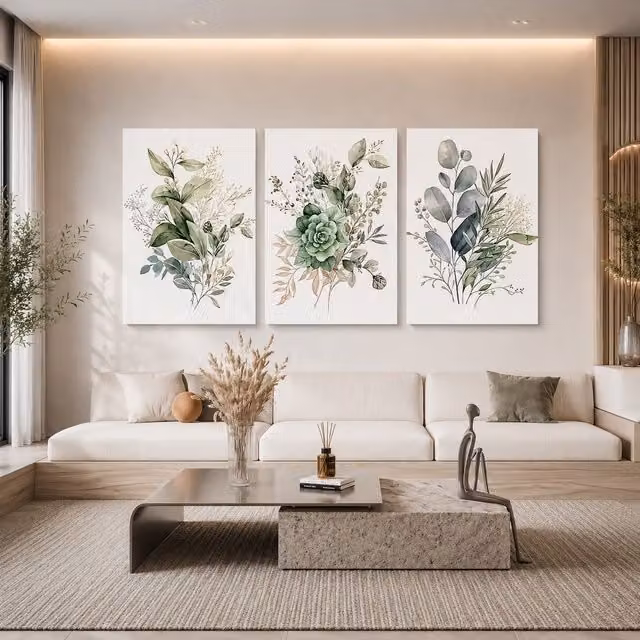 Mafett Set of 3 Botanical Eucalyptus Canvas Wall Art Prints in Green and White, W: 45.7 cm, H: 61.0 cm