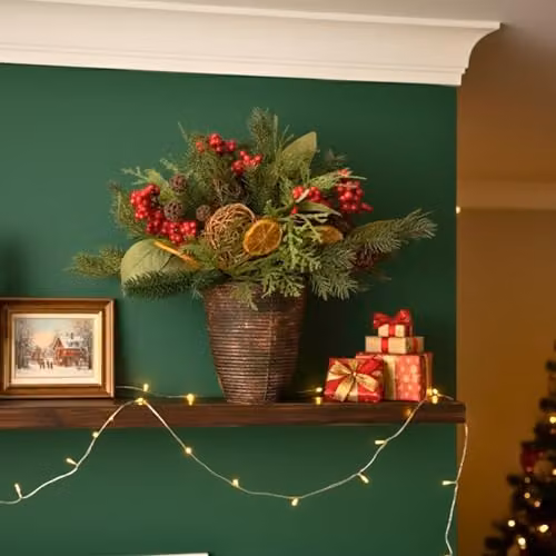 Shatchi Christmas Tree Topiary with Red Berries, Orange Slices, Eucalyptus and Rattan Balls, Green and Red Tabletop Decoration, Height: 40.64 cm – 9