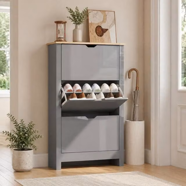 STILVORA Modern Grey Shoe Cabinet with 3 Tilting Compartments and Internal Shelves – 1
