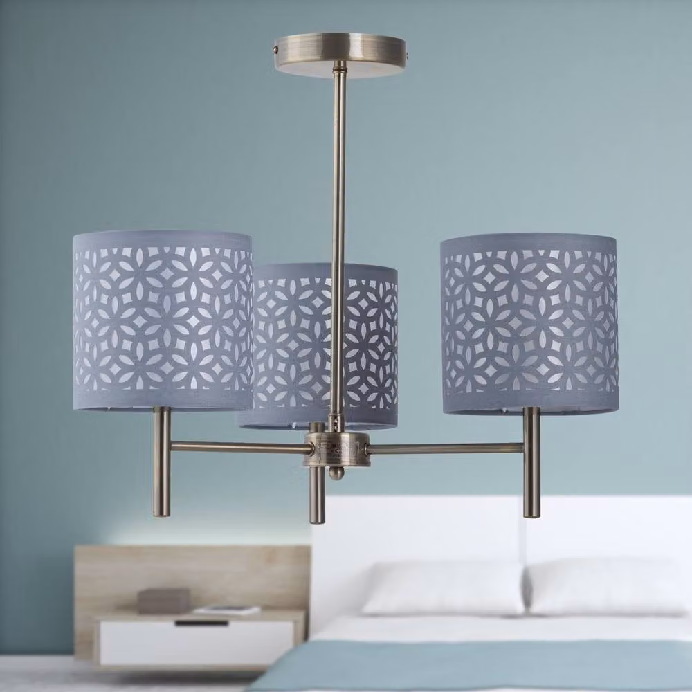 First Choice Lighting Brea Antique Brass 3 Light Ceiling Fitting with Grey Fabric Shades – 4