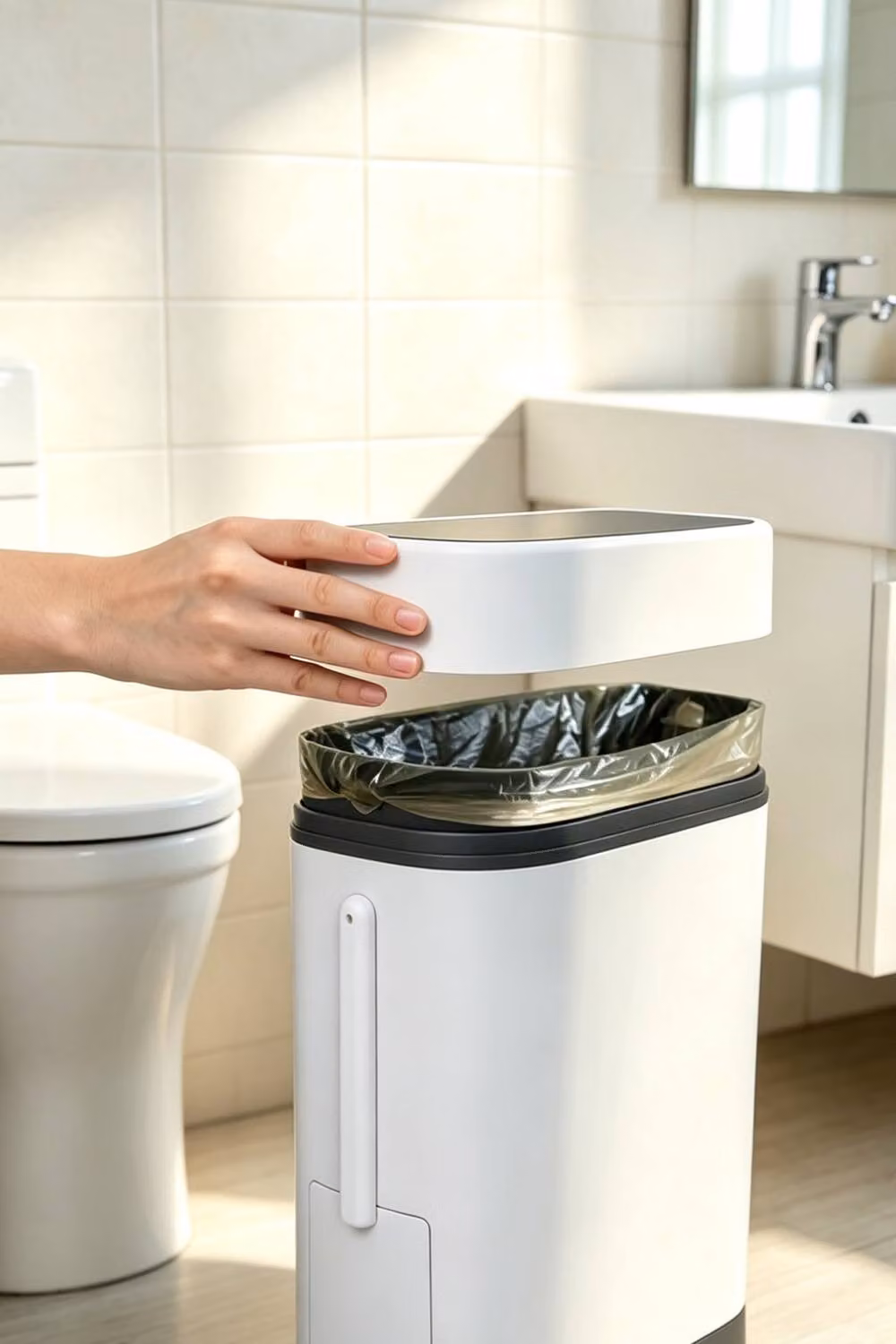 ExtraStar Slim Plastic Touch Trash Can with Built-in Toilet Brush in White – 2
