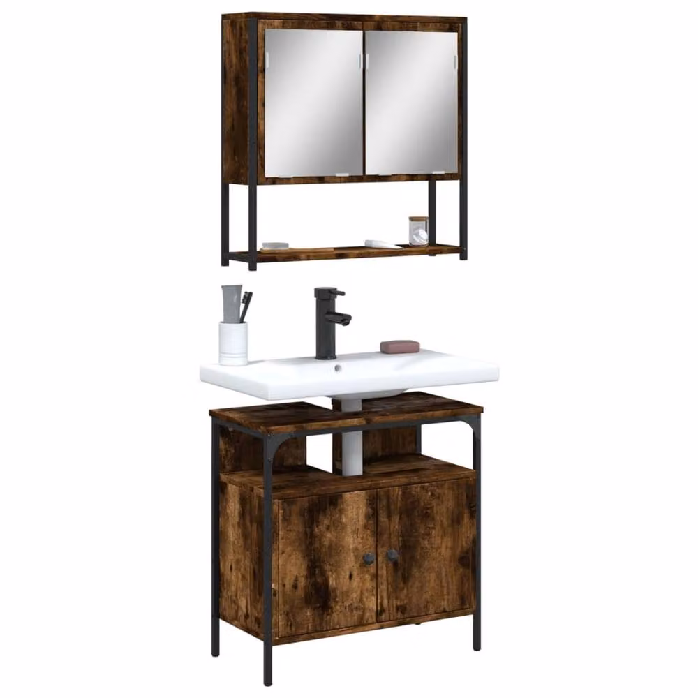 Berkfield Home 2 Piece Industrial Bathroom Furniture Set in Brown Smoked Oak with Vanity Unit and Mirror Cabinet – 2