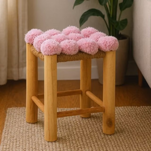 Orsina Pink Pom Pom Stool with Wood Frame and Knit Fabric – 1