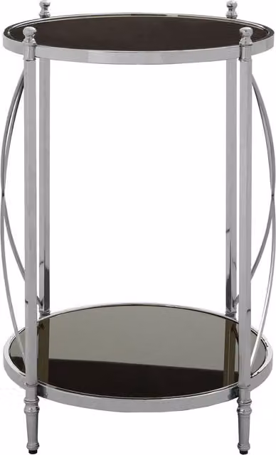 Orsina Black Mirrored Round Side Table by Couch with Silver Geometric Metal Frame and Glass Top, W/D/H: 50 x 50 x 67 cm
