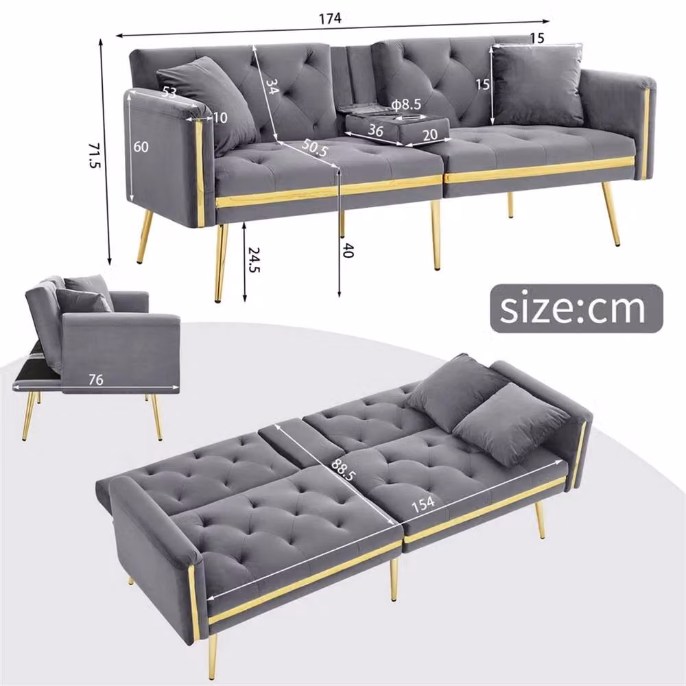 FORGEVIO Grey 2 Seater Click Clack Sofa Bed with Velvet Upholstery and Cup Holders – 2