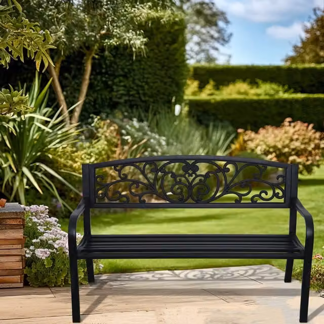 Outdoor Essentials Evie Metal Garden Bench in Black with Armrests