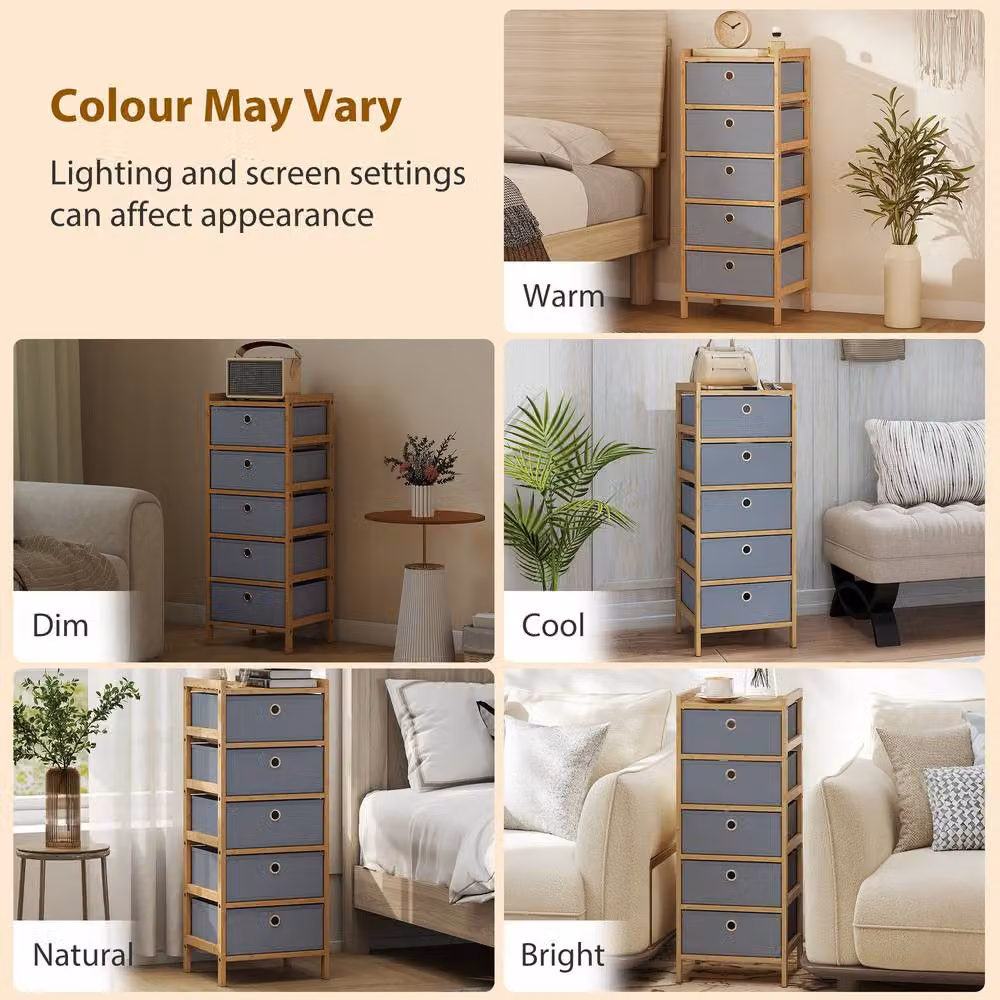 STILVORA Grey Chest of Drawers with 5 Fabric Drawers and Bamboo Frame – 4