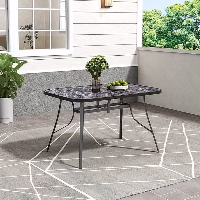 Breeins Black Marble Effect Tempered Glass Garden Table, W: 120 cm, H: 72.5 cm