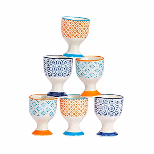 Nicola Spring Argon Hand Printed Stoneware Egg Cups, Multicolour Floral Set, Pack of 6 – 1
