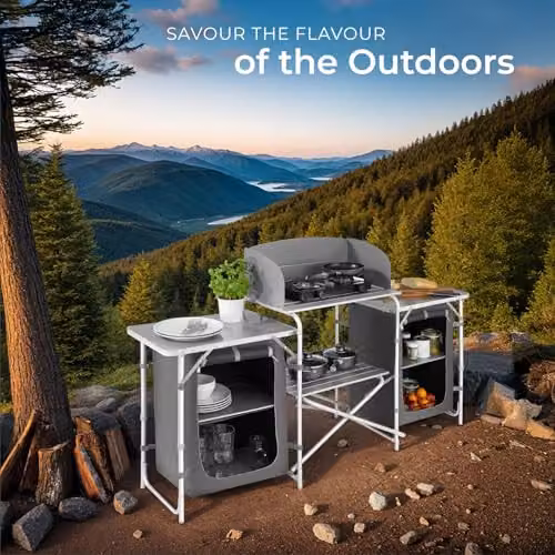 tectake Portable Camping Kitchen in Grey with 5 Internal Shelves, Heat-Resistant Worktop and Aluminium Frame, W/D/H: 104 x 52 x 52 cm – 8