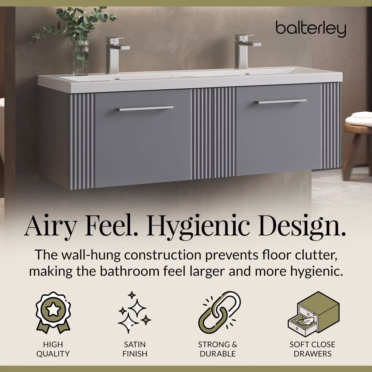 Balterley Wall Hung 2 Drawer Vanity Unit with 2 Ceramic Basins, Satin Grey – 2