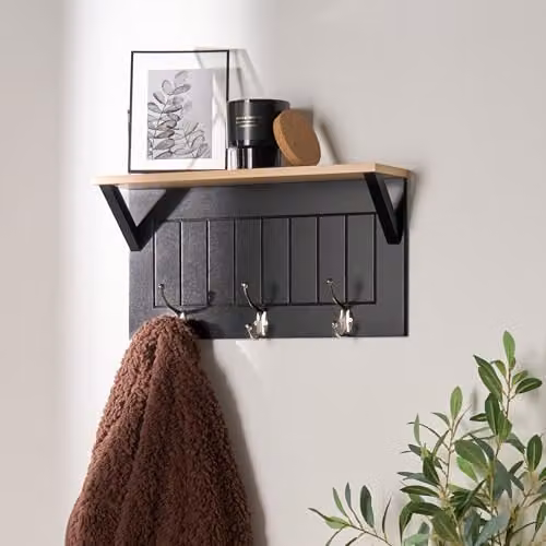 OHS Modern Wall-Mounted Coat Rack and Floating Shelf in Black and Brown Wood Effect