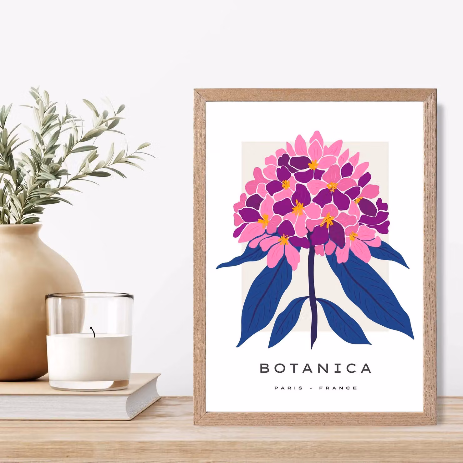 ARTZE Pink and Blue Hydrangea Flower Market Gallery Framed Botanical Illustration Print with Oak Frame in Mid Blue, A2 – 2