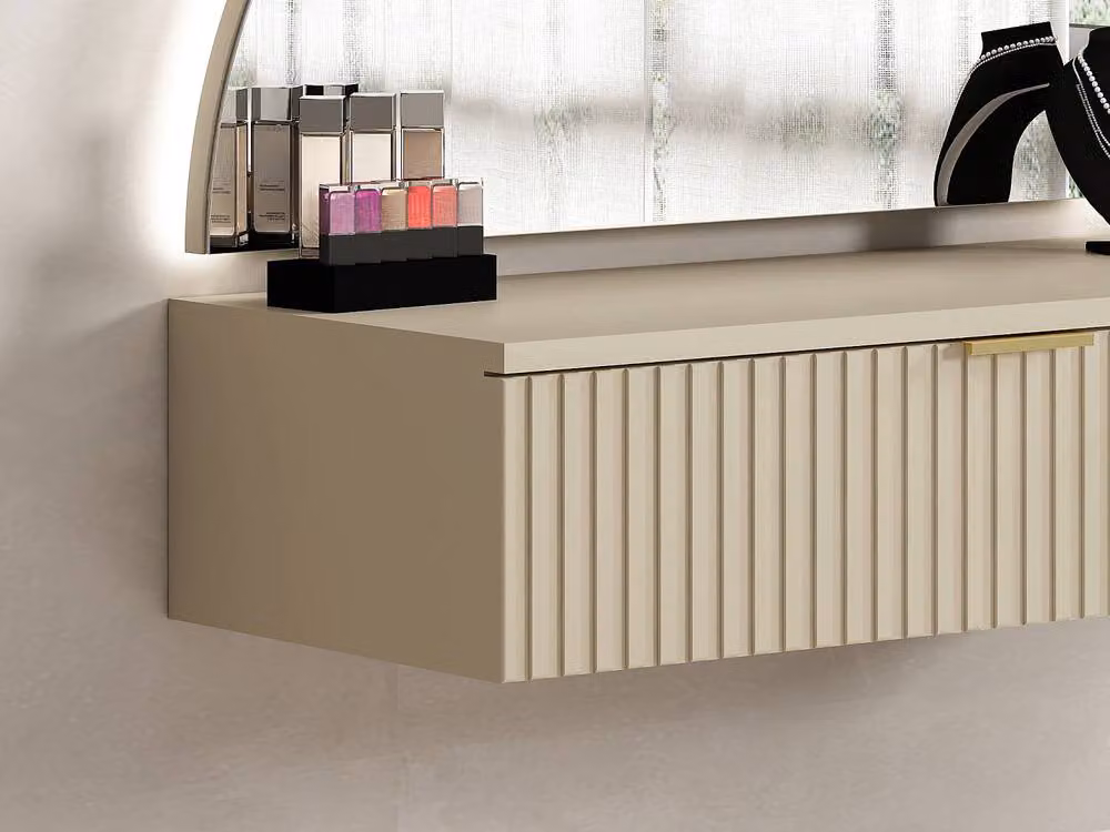 Vente-unique Wall-Mounted Dressing Table with LED Mirror and 1 Drawer in Beige – 2