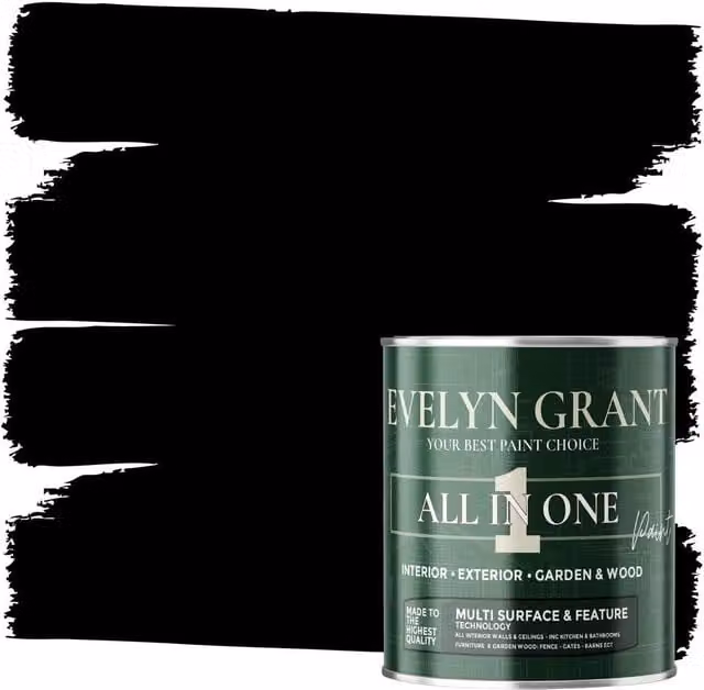 Evelyn Grant All-In-One Multi Surface Indoor and Outdoor Matt Dispersion Paint, Midnight Black, 5 l