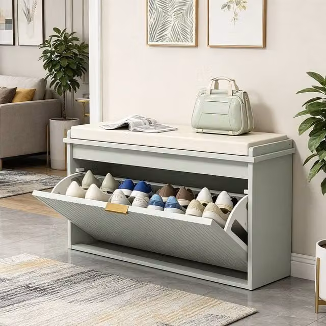 ERGOVEXA Green Eight-Shoe Storage Bench with Cushioned Fabric Seat and Gold Accents