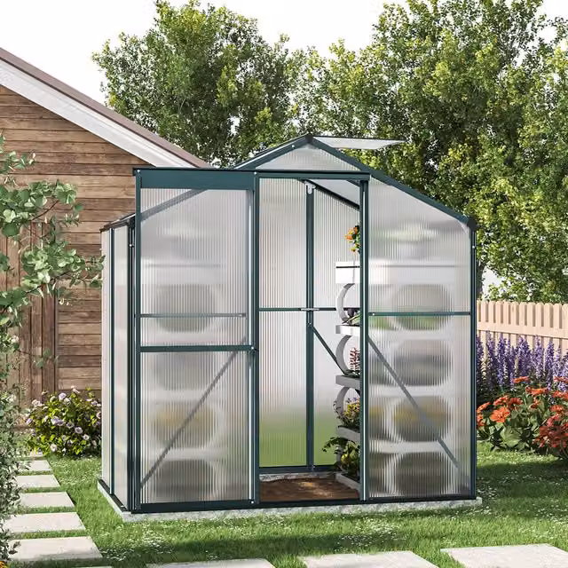 Livingandhome Aluminium Framed Garden Greenhouse with Polycarbonate Panels in Transparent and Green, W/D/H: 190 x 130 x 130 cm