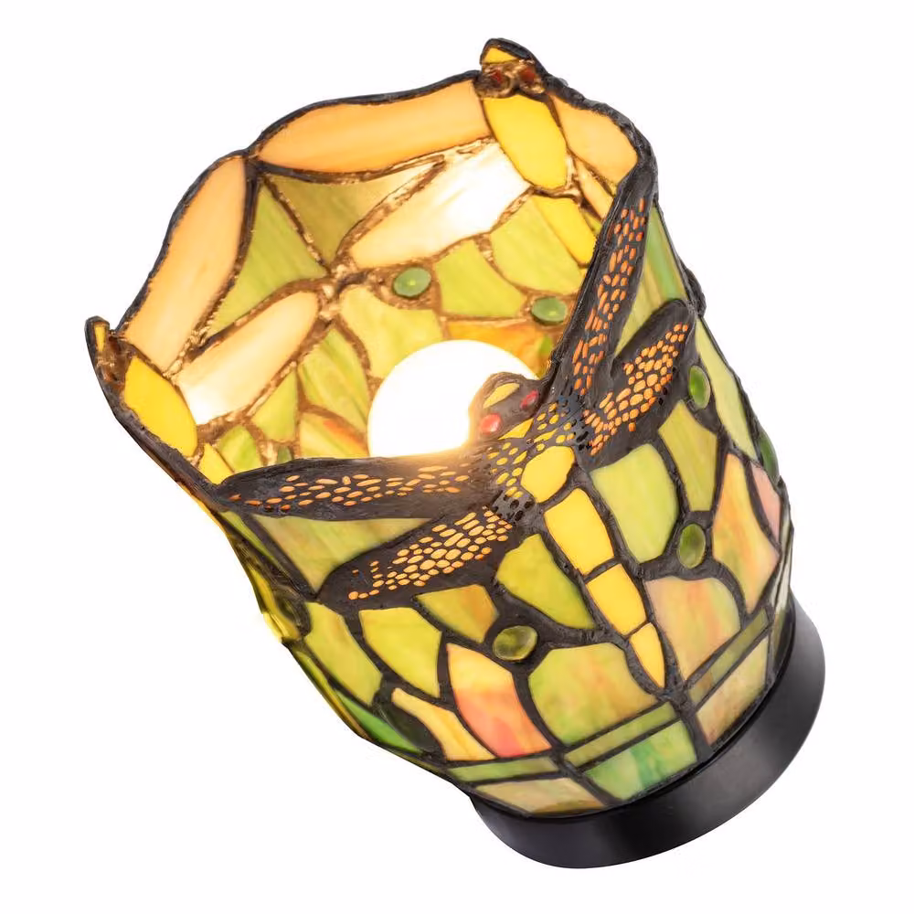 Happy Homewares Classic Dragonfly Tiffany Uplighter Tabletop Lamp in Green Stained Glass and Black Metal, H 40 cm x W 18 cm x D 18 cm – 6